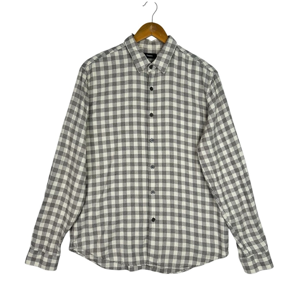 Theory Plaid Button Up Shirt Mens L Cotton Check Long Sleeve Classic‎ Minimalist